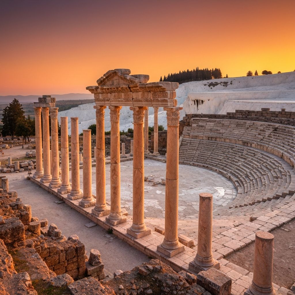 Panoramic view of Hierapolis ancient city ruins with Pamukkale travertines in background