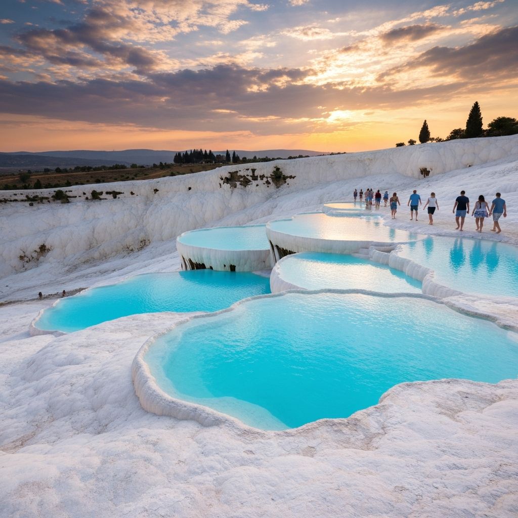 White travertine terraces of Pamukkale with thermal pools